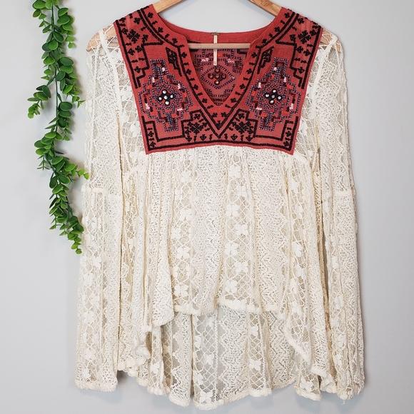 Free People Tops - Free People Lace Embroidered Boho Babydoll Tunic